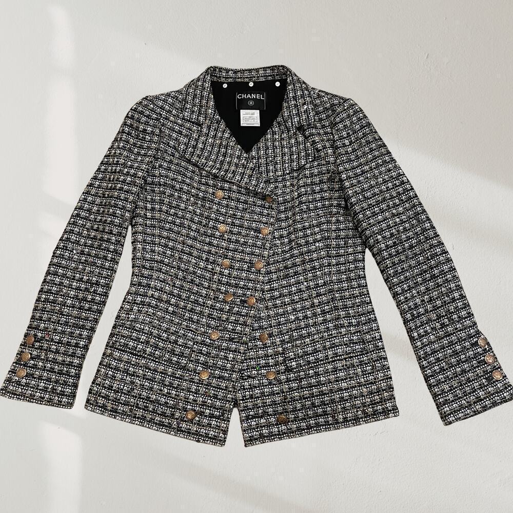 Chanel 05 Black White Plaid Tweed Sequin Jacket FR 40 | Gold Buttons Blazer Rare - Picture 2 of 16